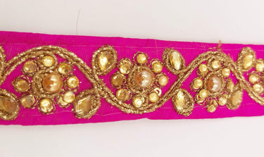 Fuchsia Pink Silk Fabric Lace Trim Floral Embroidery & Indian Stones Kundan Embellishment, Decorative Sari Trim, Floral Border Trim By Yard